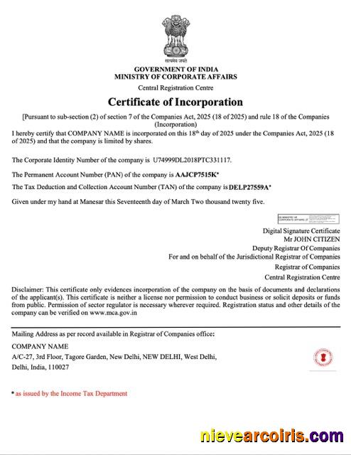 India certificate of incorporation